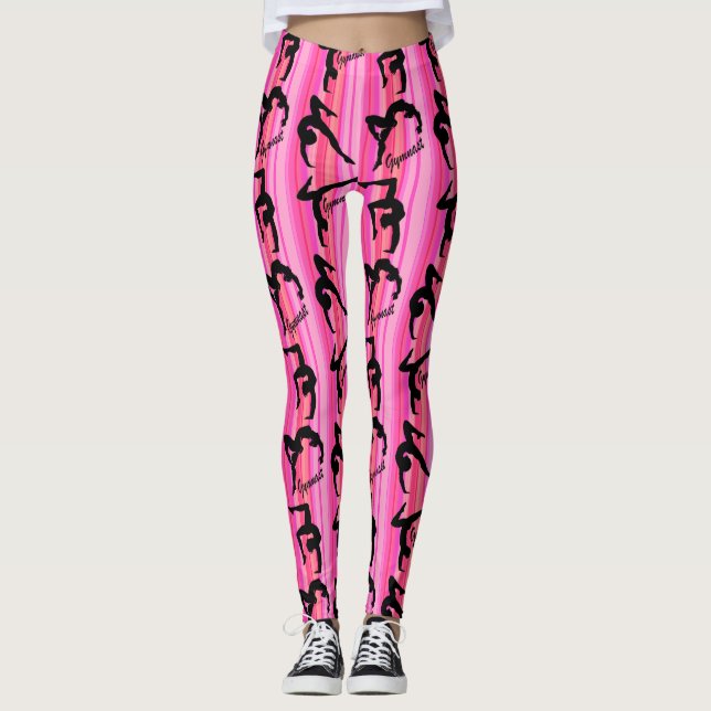 PINK STRIPED SUPER STAR GYMNASTICS LEGGINGS (Front)