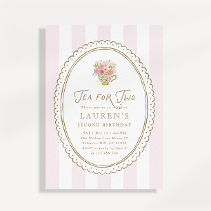 Pink Striped Tea for Two Second Birthday Invitatio Invitation