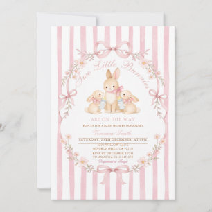 Pink Striped Twins Bunnies Baby Shower Invitation
