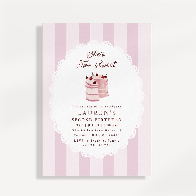 Pink Striped Two Sweet Second Birthday Invitation (Creator Uploaded)