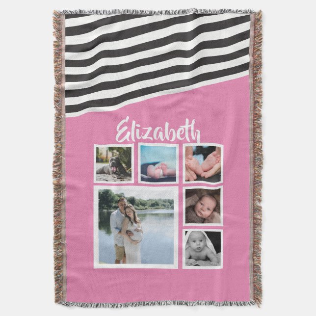 Pink Striped Unique Personalized Throw Blanket (Front Vertical)