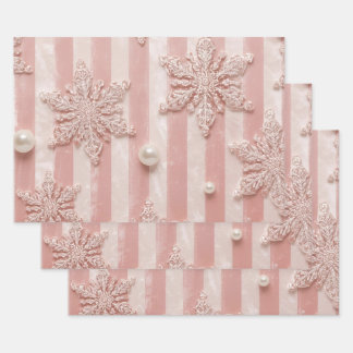 Pink Striped Velvet Snowflake Wrapping Paper Sheet