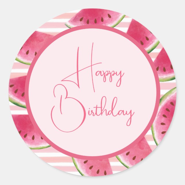 Pink Striped Watermelon Birthday Classic Round Sticker (Front)