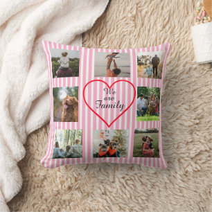 Pink Striped We Are Family 8 Photo Collage Throw Pillow