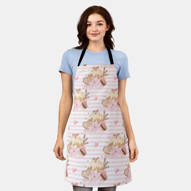 Pink Striped Winter Dessert Christmas Pattern Apron (Worn)