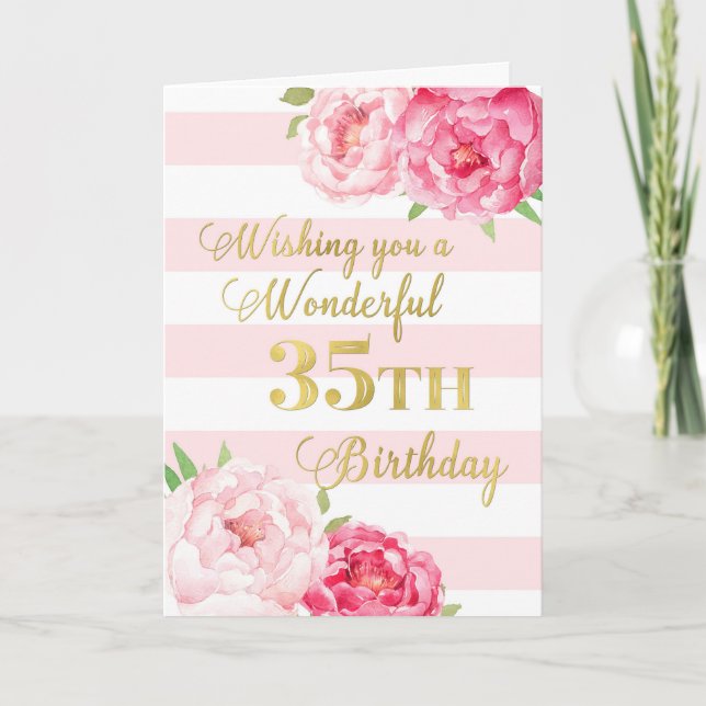 Pink Stripes and Flowers Happy 35th Birthday Card (Front)