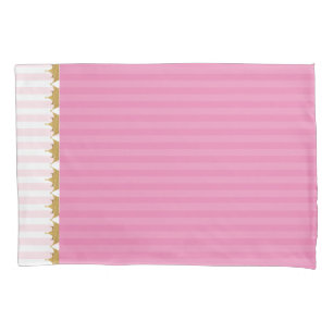 Pink Stripes and Gold Crowns Pillow Case