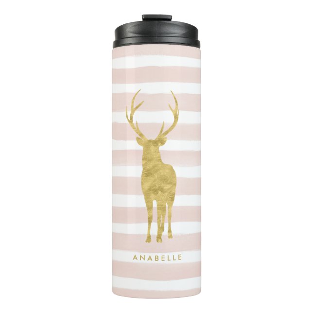 Pink Stripes and Gold Deer Head Thermal Tumbler (Front)