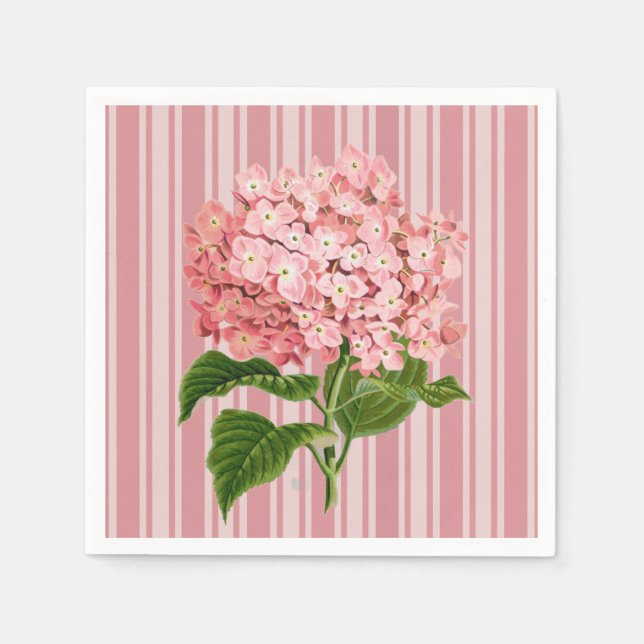 Pink Stripes and Hydrangea Cocktail Napkin (Front)