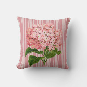 Pink Stripes and Hydrangea Throw Pillow