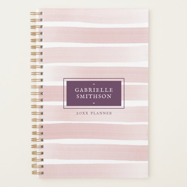 Pink Stripes Aquarelle Peint + Nom Plum Purple (Devant)