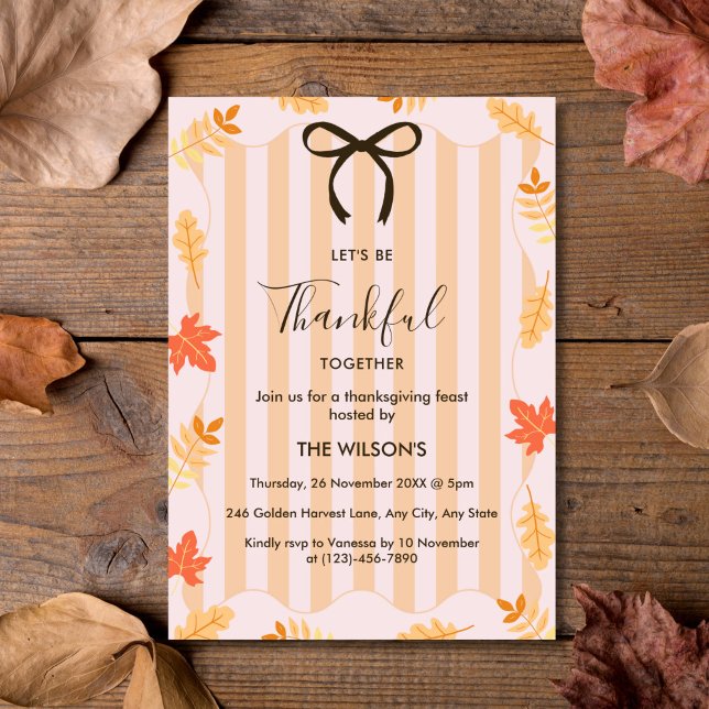Pink Stripes Autumn Leaves Thanksgiving Dinner Invitation (Pink Stripes Autumn Leaves Thanksgiving Dinner Invitation)