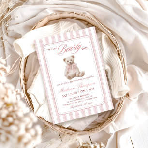 Pink Stripes Bearly Wait Teddy Bear Baby Shower Invitation