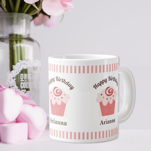 Pink Stripes Birthday Cupcake  Large Coffee Mug (Creator Uploaded)