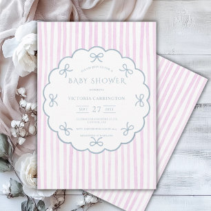 Pink Stripes Blue Bows Vintage Baby Shower Invitation