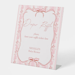 Pink stripes bow baby shower diaper raffle sign