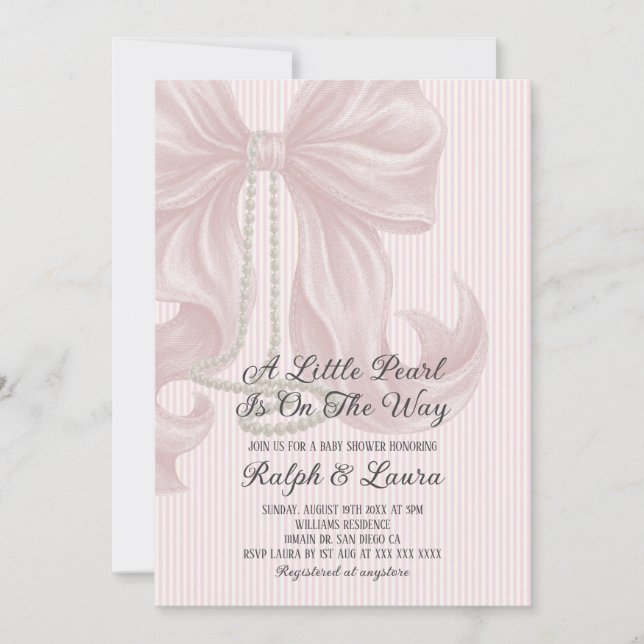 Pink Stripes Bow Girl Baby Shower Invitation (Front)