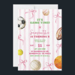 Pink Stripes Bow Girl Sports Game Time Birthday Invitation<br><div class="desc">Pink Coquette Bow Sports Birthday Invitation,  Pink Stripes Girl Sports Birthday Game time Invitation,  Whimsical Sports Theme Girl Birthday Invitation, </div>