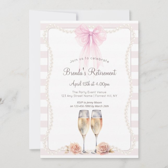 Pink Stripes Bow Pearls Retirement Party Invitation (Front)