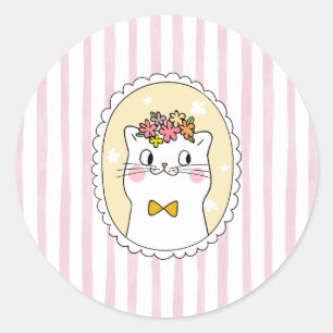 Pink Stripes Cat Classic Round Sticker