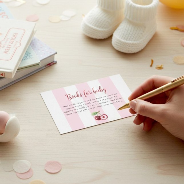 Pink Stripes Cherry Books for Baby Shower  Enclosure Card (Creator Uploaded)