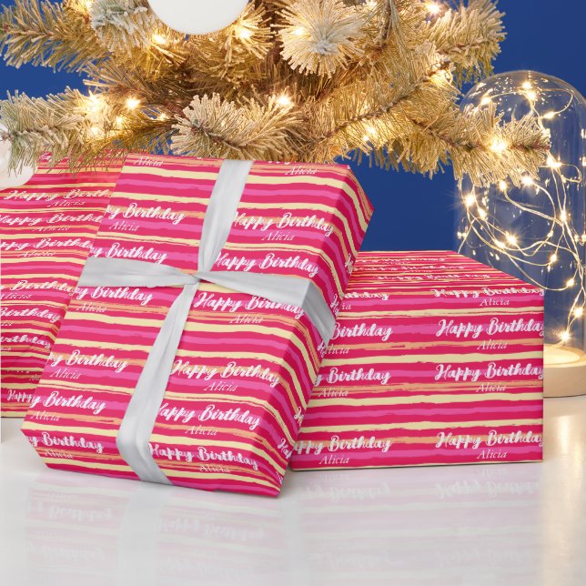 Pink Stripes Colourful Girly Happy Birthday  Wrapping Paper (Holidays)