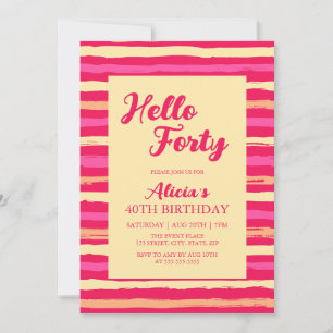 Pink Stripes Colourful Hello Forty Girly Birthday  Invitation