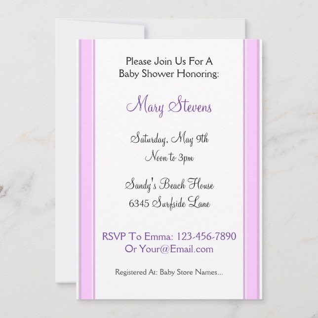 Pink Stripes Custom Baby Shower Invitations (Back)