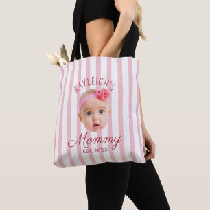 Pink Stripes Custom Face Photo Keepsake Mom Mommy Tote Bag