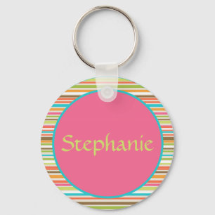 Pink Stripes Customizable Name Button Keychain