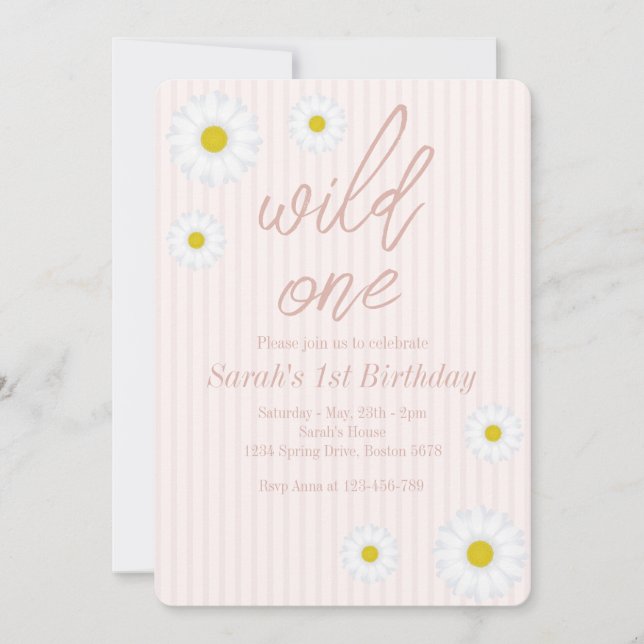 Pink Stripes, Daisy 1st Birthday Party Wild One  Invitation (Front)