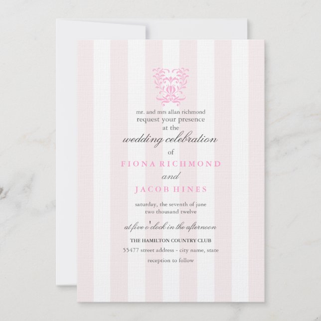 Pink Stripes & Damask Wedding Invitation (Front)