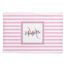 Pink Stripes Diamond Monogram | Modern Trendy Pillowcase