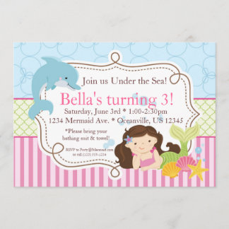 Pink Stripes, Dolphin and Mermaid Birthday Party Invitation