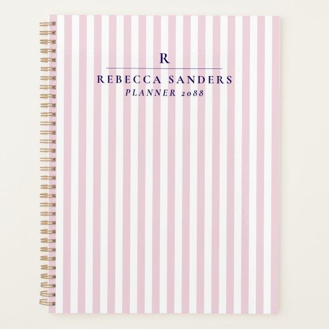Pink Stripes, Elegant Monogrammed Planner (Front)
