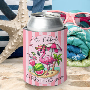 Pink Stripes Flamingo Summer Birthday Party Can Cooler