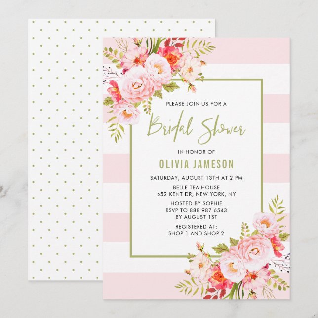 Pink Stripes Floral Bridal Douche Invitation (Devant / Derrière)