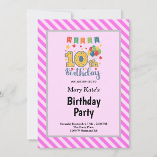 Pink Stripes Framed 10th Birthday Party Invitation