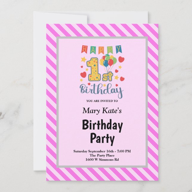 Pink Stripes Framed 1st Birthday Party Invitation (Front)