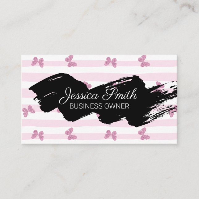 Pink Stripes | Glitter Butterflies Business Card (Front)