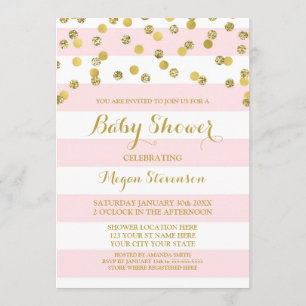 Pink Stripes Gold Confetti Baby Shower Invitation