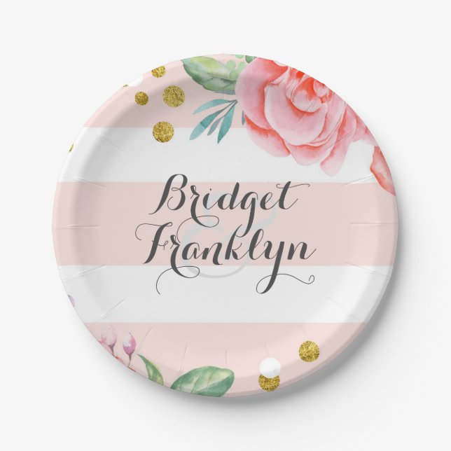 Pink Stripes Gold Confetti Watercolor Flowers Paper Plate (Front)