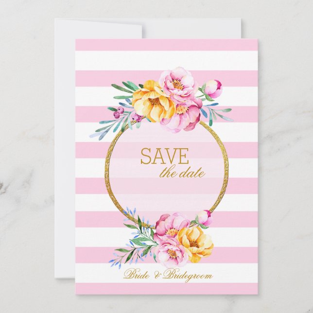 Pink Stripes Gold Frame Flower Save the Date (Front)