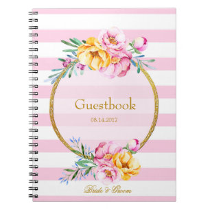 Pink Stripes Gold Frame Flower Wedding guest book