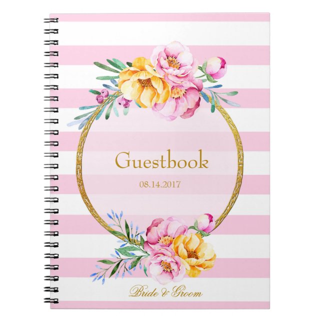 Pink Stripes Gold Frame Flower Wedding guest book (Front)