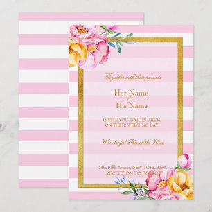 Pink Stripes Gold Frame Flower Wedding Invitation