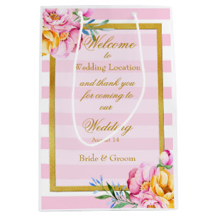 Pink Stripes Gold Frame Flower Wedding Medium Gift Bag