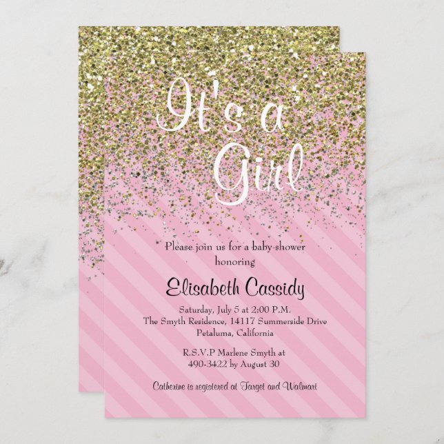Pink Stripes & Gold Glitter Baby Shower Invite (Front/Back)