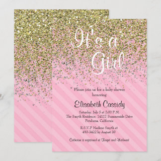 Pink Stripes & Gold Glitter Baby Shower Invite