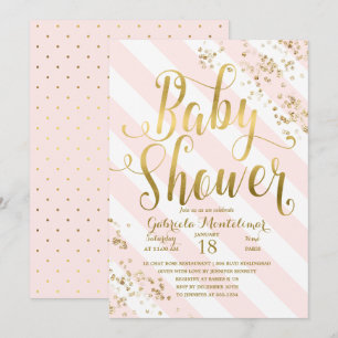 Pink Stripes Gold Glitter Confetti Baby Shower Invitation